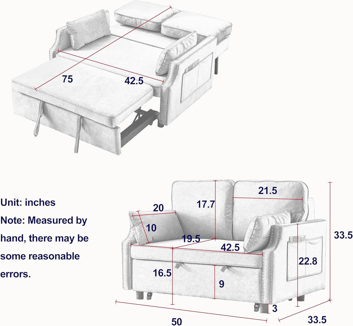 Grey Velvet Upholstered Recliner Bed with Pull-Out Sleeper Sofa Folding Loveseat R543