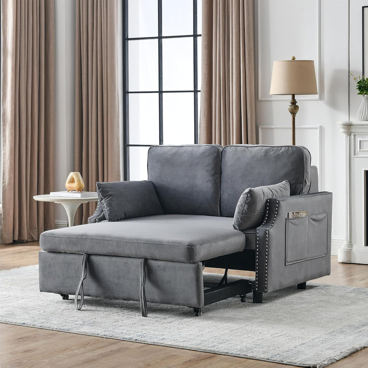 Grey Velvet Upholstered Recliner Bed with Pull-Out Sleeper Sofa Folding Loveseat R543