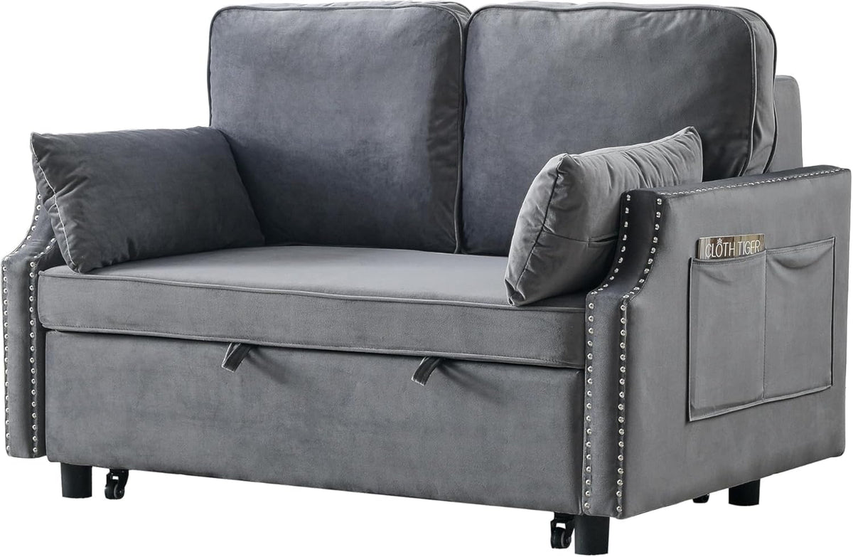 Grey Velvet Upholstered Recliner Bed with Pull-Out Sleeper Sofa Folding Loveseat R543