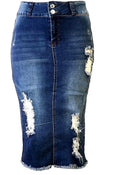 Plus Size Midi Ripped Denim Jean Skirt Y9955