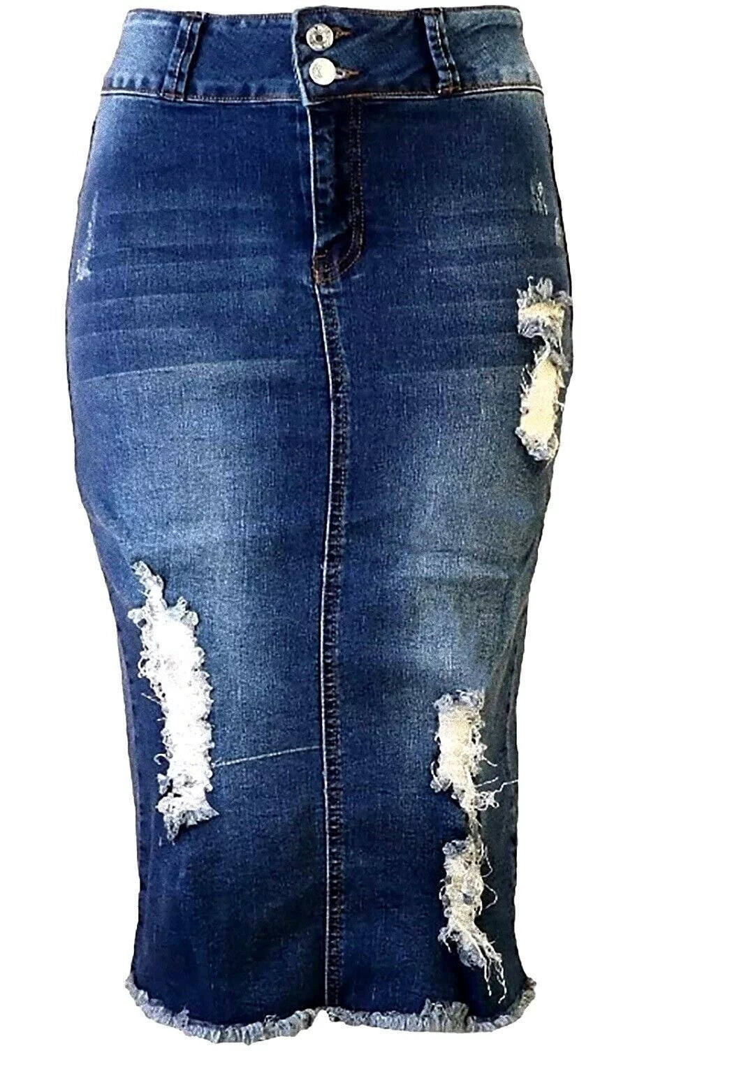 Plus Size Midi Ripped Denim Jean Skirt Y9955