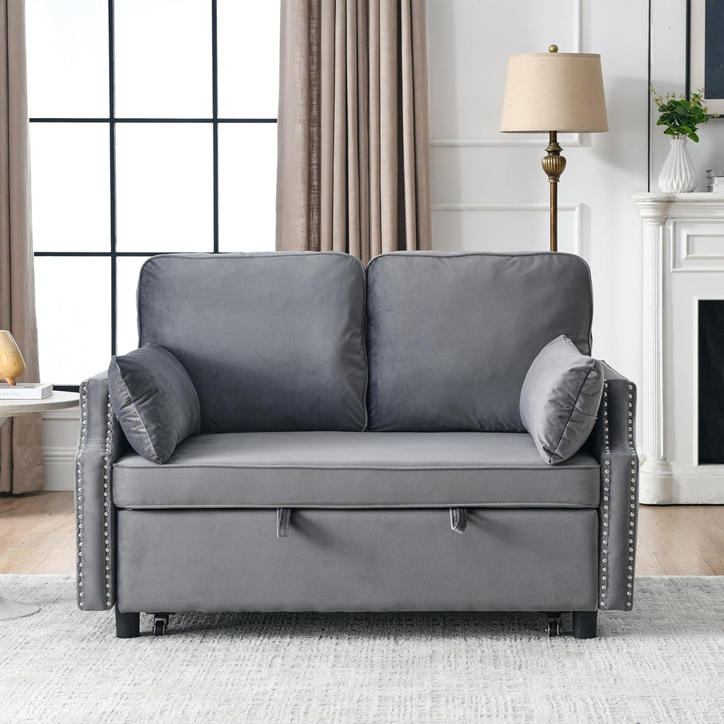 Grey Velvet Upholstered Recliner Bed with Pull-Out Sleeper Sofa Folding Loveseat R543