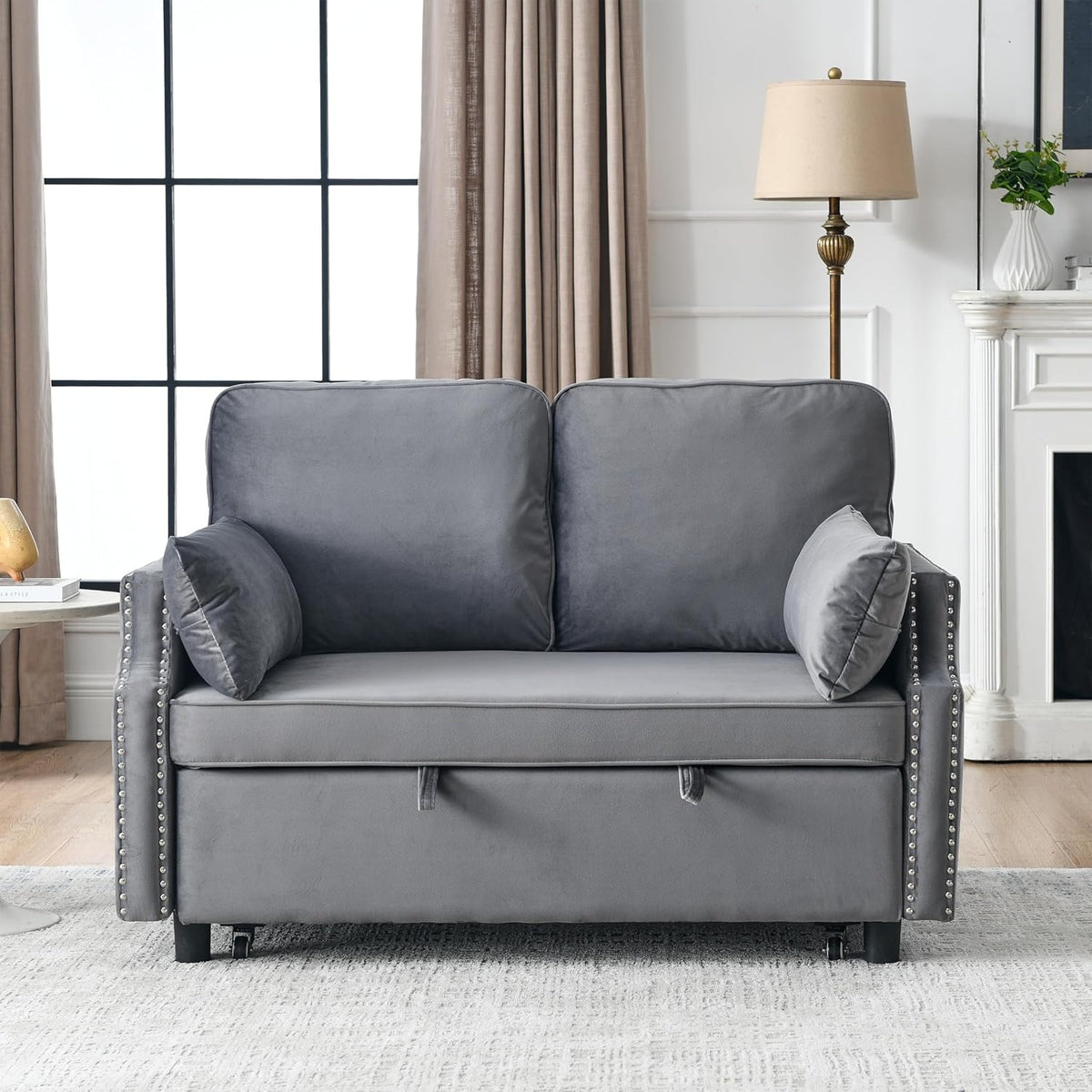 Grey Velvet Upholstered Recliner Bed with Pull-Out Sleeper Sofa Folding Loveseat R543